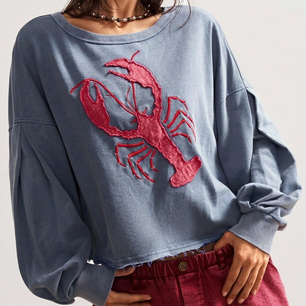 Blue Casual Women's Loose Fit Crew Neck Graphic Sweatshirt